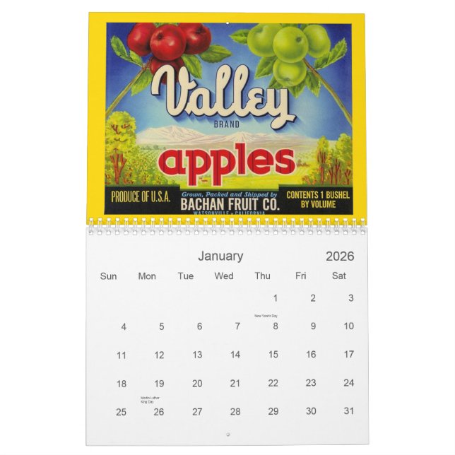 Vintage Erzeugnis-Kiste beschriftet Wandkalender (Jan 2026)