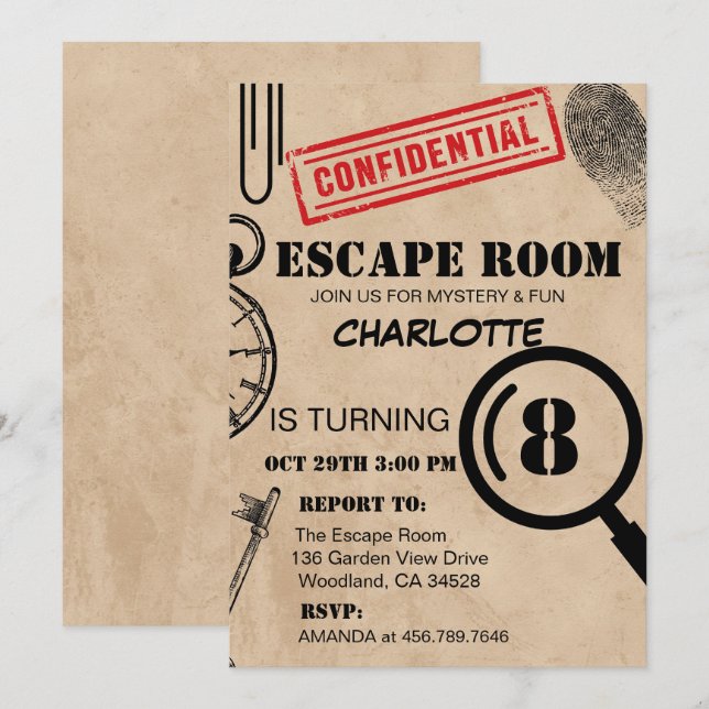 Vintage Escape Room Mystery Geburtstagsparty Einladung (Vorne/Hinten)