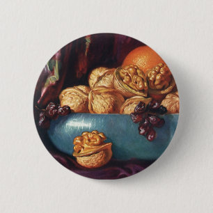 Vintage-Essen, Walnüsse und Früchte in einer blaue Button