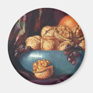 Vintage-Essen, Walnüsse und Früchte in einer blaue Magnet
