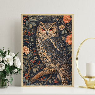 Vintage-Eulen-Blumen-Kunstposter   Waldvogel Poster