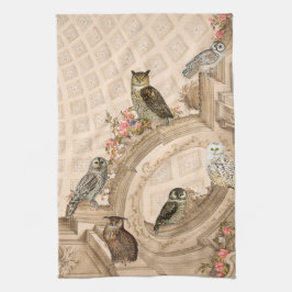 Vintage-Eulen-Collage mit floraler Architektur Geschirrtuch
