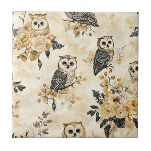Vintage Eulen & Florales Botanisches Muster (10) Fliese