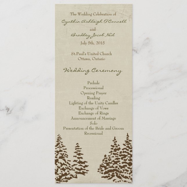 Vintage-Evergreen-Hochzeitsprogramm Programm (Vorderseite)