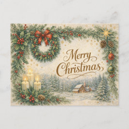Vintage Evergreen Wreath Merry Christmas  Feiertagspostkarte