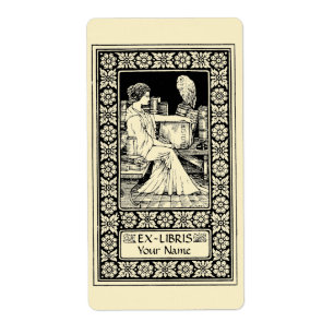 Vintage Ex Libris Girl, Pen, Books & Owl Template