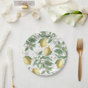 Vintage Faded Lemon Branch Französisch Script Frui Pappteller