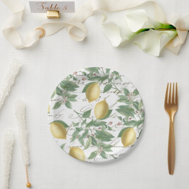 Vintage Faded Lemon Branch Französisch Script Frui Pappteller (Hochzeit)