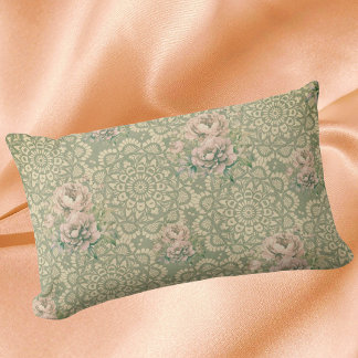 Vintage Faded Pink Roses on Green Antique Fabric Lendenkissen