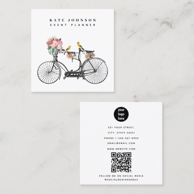 Vintage Fahrrad-Blume Birds Event Planner Quadratische Visitenkarte (Vorne/Hinten)