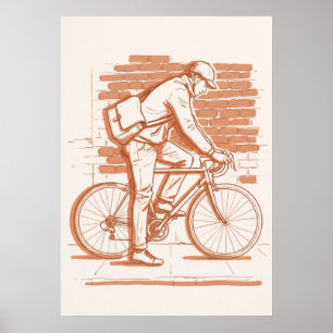 Vintage-Fahrradbote Sepia-Linienzeichnung Poster