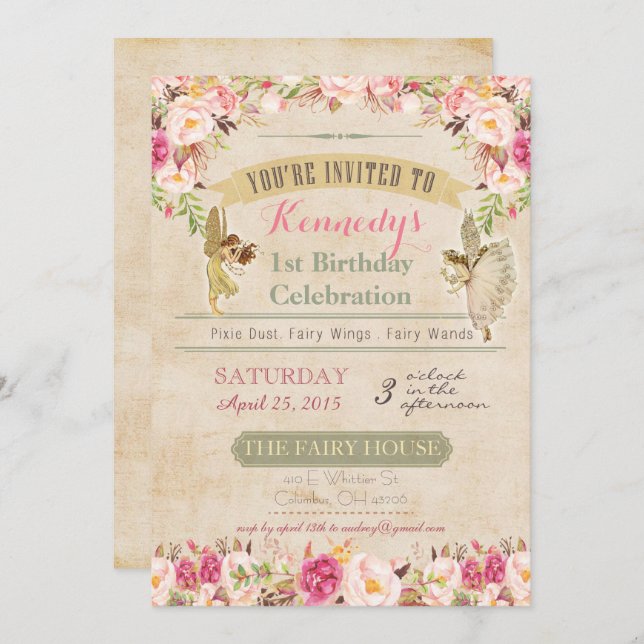 Vintage Fairy First Birthday Invitation (Devant / Derrière)