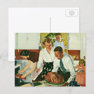 Vintage Familie Kochen Erntedank Abendessen Küche Feiertagspostkarte