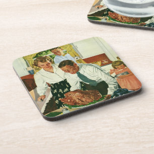 Vintage Familie Kochen Erntedank Abendessen Küche Getränkeuntersetzer