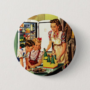 Vintage Familie, Mutter mit Kindern, Snacks in der Button