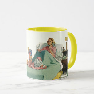 Vintage-Familie serviert Mama das Frühstück im Bet Tasse