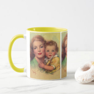 Vintage Familienporträt von Mutter und Kind Tasse