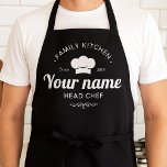 Vintage Family Kitchen Head Chef Typography Design Schürze<br><div class="desc">This design features a clean black-and-white cooking theme with a classic chef hat icon, arched Family Kitchen text, and bold script lettering for the featured name. The layout blends modern simplicity with a slightly vintage kitchen aesthetic, accented by elegant divider flourishes and an established date for a warm family feel....</div>