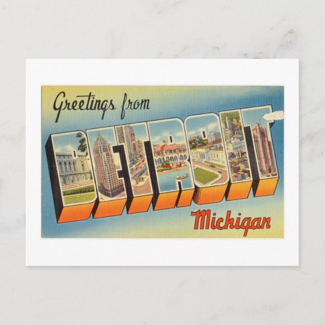 Vintage Farbige Grüße von Detroit Michigan Postkarte (Vorderseite)