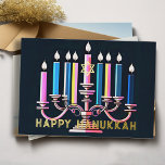 Vintage Farbrosa und blaue Menorah Folien Feiertagskarte<br><div class="desc">Vintage Farbrosa und blaue Menorah</div>