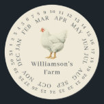 Vintage Farm Hen umschlossen Datum Eierkarton Anti Runder Aufkleber<br><div class="desc">Rustikale und einfache Hühnereier-Etiketten mit Ihrem Firmennamen in cremefarbener Typografie auf antikem, weißem Hintergrund mit einem stilvollen Vintagen Hühnerprint. Fügen Sie einfach den Namen Ihres Hausmeisters in das Etikett ein und umkreisen Sie das korrekte Datum Ihrer frischen Eier. Exklusiv für Sie entworfen von Happy Dolphin Studio. Wenn Sie Hilfe oder...</div>