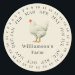 Vintage Farm Hen umschlossen Datum Eierkarton Anti Runder Aufkleber<br><div class="desc">Rustikale und einfache Hühnereier-Etiketten mit Ihrem Firmennamen in cremefarbener Typografie auf antikem, weißem Hintergrund mit einem stilvollen Vintagen Hühnerprint. Fügen Sie einfach den Namen Ihres Hausmeisters in das Etikett ein und umkreisen Sie das korrekte Datum Ihrer frischen Eier. Exklusiv für Sie entworfen von Happy Dolphin Studio. Wenn Sie Hilfe oder...</div>