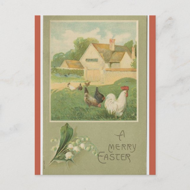 Vintage Farm With Chickens Easter Postkarte (Vorderseite)