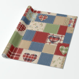 Vintage Farmhouse Herz Quilt Patchworkdruck Geschenkpapier