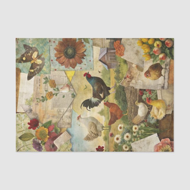 Vintage Farmhouse Rooster and Chicken Decoupage Seidenpapier (Vorderseite)