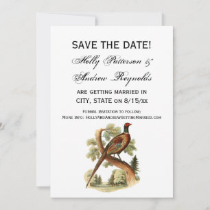 Vintage Fasan auf Ast mit Bäumen Zeichnung Farbe Save The Date