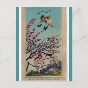 Vintage Feen und Kirschblüten Frohes Neues Jahr Postkarte