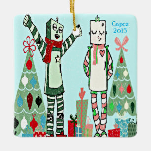Vintage Feiertags-Roboter und Bäume Keramikornament