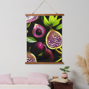 Vintage Feigen und Drachenfrucht Schwarze Botanik Wandteppich Mit Holzrahmen
