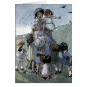 Vintage - Femme et enfants dans un pré,