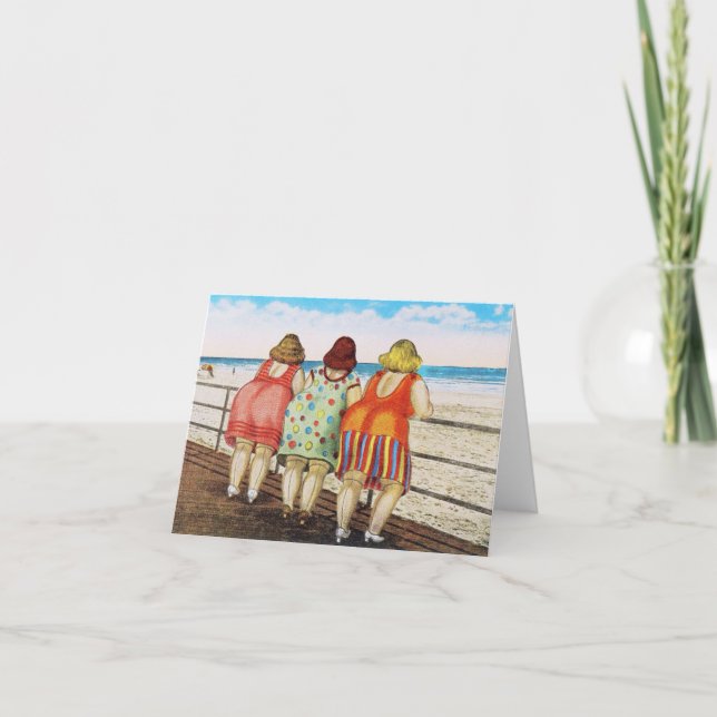 Vintage, fettgefleckte Girls am Strand Karte (Vorderseite)