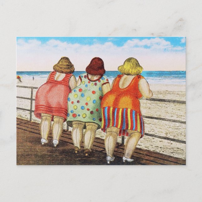Vintage, fettgefleckte Girls am Strand Postkarte (Vorderseite)