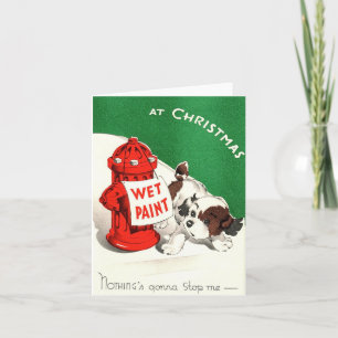 Vintage-Feuerhydrant-Welpen-Weihnachtskarte Karte
