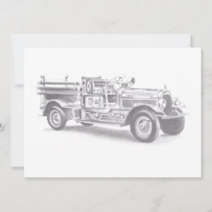 vintage Feuerwehrauto Bleistiftskizze Feuerwehrman Ankündigung