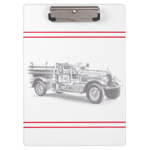 Vintage-Feuerwehrauto Bleistiftskizze Feuerwehrman Klemmbrett