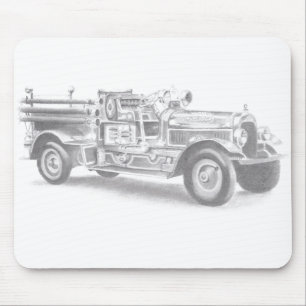 vintage Feuerwehrauto Bleistiftskizze Feuerwehrman Mousepad