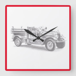 vintage Feuerwehrauto Bleistiftskizze Feuerwehrman Quadratische Wanduhr