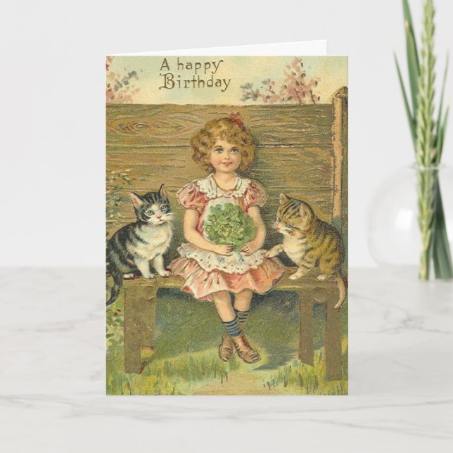 Vintage fille avec chatons Carte d'anniversaire (Devant)