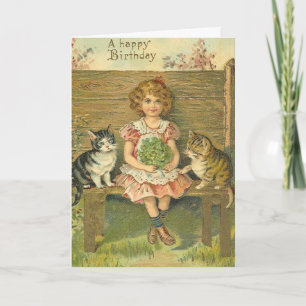 Vintage fille avec chatons Carte d'anniversaire