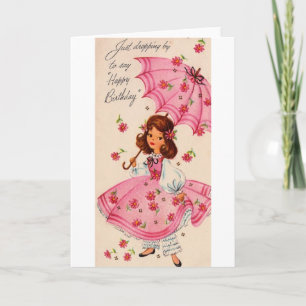 Vintage Fille En Rose Avec Parasol Carte Anniversa