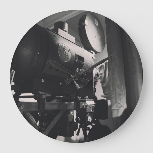 Vintage Filmkamera Fotodruck Große Wanduhr (Vorderseite)
