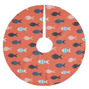 Vintage-Fische, Korallenrotes Muster. Polyester Weihnachtsbaumdecke