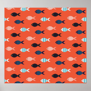 Vintage Fische, korallenrotes Muster. Poster