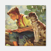 Vintage Fischerei, Junge mit seiner Welpe und sein