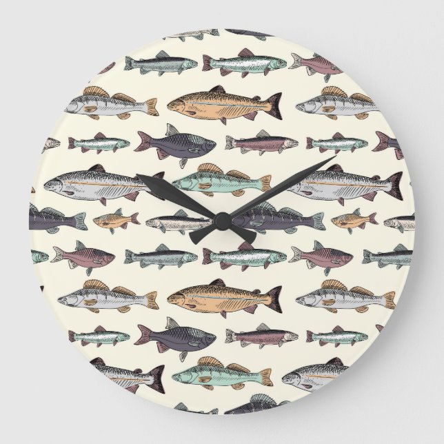Vintage Fischzeichnungen, nahtlos. Große Wanduhr (Vorderseite)
