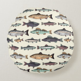 Vintage Fischzeichnungen, nahtlos. Rundes Kissen